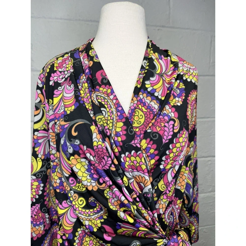 Carmen Marc Valvo Y2K Paisley Retro Wrap Top Large Pink Purple Black Slinky - Picture 2 of 9